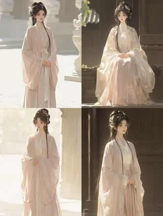 古代江南女子，全身立绘，柔婉眉眼，乌黑长发挽简约发髻，细碎珍珠发饰，淡粉广袖襦裙，衣袂轻盈，肌肤莹润，柔和自然光，庭院背景，细腻笔触，低饱和色调，精致五官，氛围感，高清细节