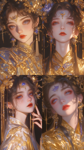 chinese classical beauty bust,a beautiful ancient chinese woman,slightly lowering her head to look at the lens,blue purple eyes,very long and thick eyelashes,blue purple fluorescent eyeshadow,light orange red blush,orange red lipstick,black long hair tied up,fair and delicate skin texture,wearing a luxurious diamond and blue purple gemstone flower on her head,emitting bright light,a complexly shaped fine silver chain on her forehead with a large blue purple gemstone embedded,big tassel earrings,wearing a complicated patterned golden black hanfu long robe,palms up emitting silver light,illuminating part of the cheeks and clothing,obvious light and shadow contrast,making the facial features more three-dimensional,fantasy art,3d rendering,epic movie,ultra high quality,highres,high detail,masterpiece