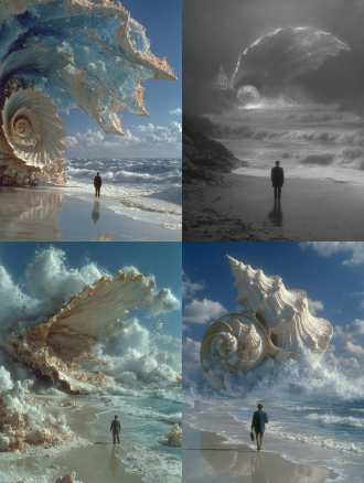 film still by alfred hitchcock，美丽的沙滩上，一个梦幻般的巨大海螺，海浪翻涌