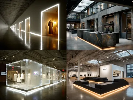 an architectural photography of a high-end boutique clothing store. slim and bright cob led strips are seamlessly integrated into the edges of minimalist display shelves, accent lighting perfectly illuminating luxurious garments. the store has a concrete floor and a high ceiling. clean, professional, high contrast, studio lighting.