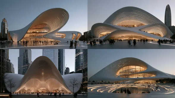 画面中心主题构筑，多层流线型弧形建筑，对称构图，未来都市，冷银蓝调，超广角镜头，蓝时刻柔光，长曝光，流动光影，科技感。