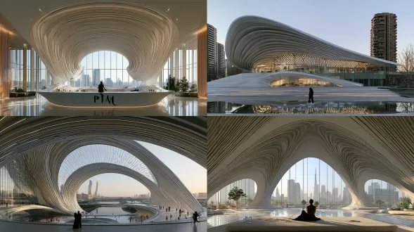 中心主题元素构筑，多层流线型弧形建筑，对称构图，未来都市，冷银色调，广角镜头，蓝调时刻柔光，通透玻璃，科技感，极简风格。