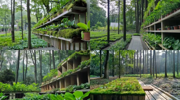 开阔森林中，自然植物构成的货架，阳光充沛，晨雾弥漫，苔藓覆盖的木架，藤蔓缠绕，生机勃勃，柔焦效果，浅景深，自然光，逆光，温暖色调，微距镜头，静谧氛围，柔和阴影，细节丰富，清新空气感，宁静祥和