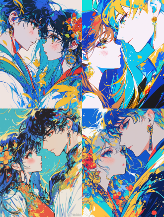 情侣甜蜜特写，动漫风格，时尚现代服装，抽象色块背景，柔和自然光，浅景深，高饱和度色彩，精致细节，8k画质，杰作级品质，惊艳美学，平面设计，动态构图，暖色调，青春活力，角色魅力，最佳光影效果