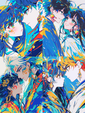 情侣时尚近景，动漫风格，现代服饰，抽象色块背景，甜蜜微笑，柔和自然光，浅景深，高饱和色彩，精致细节，8k画质，杰作级别，惊艳美学，扁平设计，动态构图，暖色调，青春活力，角色魅力，最佳光影效果，超高清，完美比例