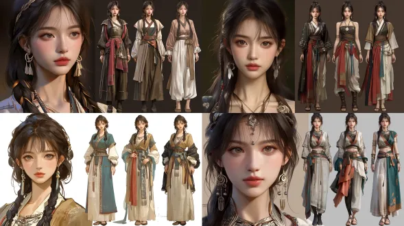 古装女子，左右分屏构图，左侧高清面部特写，右侧三款服饰三视图全身像，头身比1:8，高细节，棚拍柔光，发丝清晰，质感精致。