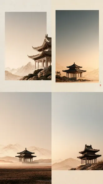 极简高级的新中式东方美学海报，一座造型简洁、比例优雅的中式古亭作为画面主体，亭子采用现代极简建筑设计，精致的飞檐、纤细的立柱，线条干净利落，画面远处以极细的浅灰褐色线条勾勒连绵山峰，山峦若隐若现，轻盈疏朗，背景为温润的米白色与浅暖灰色，大面积纯净留白，亭子与远山形成疏密对比，构图简洁克制，东方禅意，宋式美学，低饱和度，柔和自然光，细腻纸感，轻微宣纸肌理，现代高端品牌视觉设计，建筑线稿与淡墨山水融合，空间通透，宁静、雅致、诗意，具有艺术画册封面的高级质感，无人物，无多余装饰，无文字，无 logo