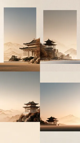 极简高级的新中式东方美学海报，一座造型简洁、比例优雅的中式古亭作为画面主体，亭子采用现代极简建筑设计，精致的飞檐、纤细的立柱，线条干净利落，画面远处以极细的浅灰褐色线条勾勒连绵山峰，山峦若隐若现，轻盈疏朗，背景为温润的米白色与浅暖灰色，大面积纯净留白，亭子与远山形成疏密对比，构图简洁克制，东方禅意，宋式美学，低饱和度，柔和自然光，细腻纸感，轻微宣纸肌理，现代高端品牌视觉设计，建筑线稿与淡墨山水融合，空间通透，宁静、雅致、诗意，具有艺术画册封面的高级质感，无人物，无多余装饰，无文字，无 logo