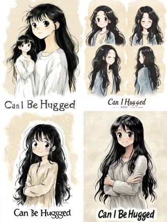 character sheet, 1girl, long black hair, loose casual clothes, 《我可以被拥抱吗》manhua art style, soft muted watercolor flat coloring, delicate thin ink line, gentle healing comic aesthetic, faint halftone dot texture, soft subtle shadows, quiet vulnerable expression, clean simple background, pale beige low saturation color palette, soft rim light, portrait + full body, simple character turnaround, fine line art, no harsh contrast, tender atmosphere, comic illustration