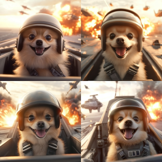 戴着飞行员头盔的狗坐在驾驶舱，惊讶张嘴，背景夕阳下宇宙飞船和爆炸，科幻风格，高动态范围，广角镜头，暖色调与冷色碰撞，侧光，景深效果，金属反光，未来感，紧张兴奋，星球大战元素，太空战场，复杂细节，高饱和度。