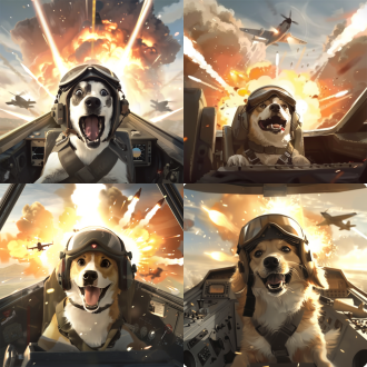 戴着飞行员头盔的狗坐在驾驶舱，惊讶张嘴，夕阳背景，爆炸天空，卡通风格，高饱和度色彩，动态构图，广角镜头，戏剧性光影，夸张表情，飞机剪影，橙色与深蓝对比，幽默紧张氛围，皮克斯动画质感，细节丰富，活泼生动，温暖色调，云层层次感，动作瞬间。