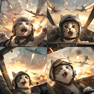 猫戴飞行员头盔坐在驾驶舱内，惊讶张嘴，夕阳背景，天空爆炸飞机，动画艺术风格，卡通渲染，高饱和度色彩，夸张表情，动态构图，广角镜头，暖色调，强烈光影对比，飞行器细节，烟雾特效，幽默紧张氛围。