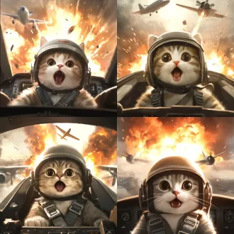 戴着飞行员头盔的猫坐在飞机驾驶舱里，惊讶地张着嘴，背景是夕阳下的飞机和爆炸的天空，动态构图，暖色调，广角镜头，逆光，高对比度，爆炸碎片，驾驶舱仪表盘，毛茸茸的胡须，瞪大的眼睛，金属光泽，烟雾弥漫，紧张刺激，橙红色调，剪影效果。