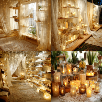 舒适的室内场景，玻璃架中多个点燃的蜡烛，柔和照明，透明织物披在木质表面，图案地毯，温暖氛围，低角度拍摄，浅景深，暖色调，漫射光，自然纹理，宁静感，家居细节，柔软阴影，高动态范围，温馨情绪。