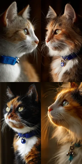 "姜白花纹猫佩戴蓝色项圈带铃铛，侧脸凝视，工作室布景，柔和光线，肖像构图，浅景深，柔和阴影，近距离特写，暖色调，自然表情，宁静氛围，专业摄影棚灯光，50mm定焦镜头，高清细节，细腻毛发纹理，蓝色项圈亮点，宁静专注情绪。"