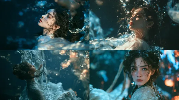 a beautiful woman in ethereal ancient chinese fantasy style, close-up upper body in foreground placed on the left third of the frame, falling into the deep sea abyss, plummeting through dark water, freefalling, limbs relaxed in weightlessness, slightly sheer flowing white traditional hanfu, fabric and hem pulled upward by water resistance, long silk ribbons drifting upward, elaborate hair ornaments, hair floating upward in the current, turning her head, looking back gently. deep dark ocean, pitch black abyss, endless dark water, no architecture. illuminated by bioluminescent creatures, glowing jellyfish, glowing plankton, neon blue and purple bioluminescence, rim lighting from glowing organisms, tyndall effect, sparkling bokeh, soft blue and teal tones, faint floating light particles. wide angle, 35mm lens, f/4, deep sea atmosphere, cinematic color grading, hyper-realistic, 8k, masterpiece, solo female figure