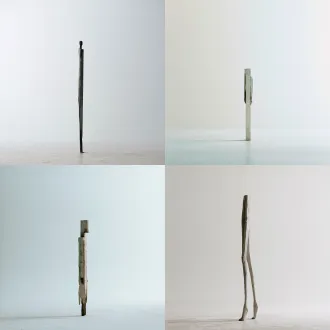 抽象方型肢体人物，居中构图，极简白背景，低饱和莫兰迪色，85mm定焦镜头，柔光，静态伫立，荒诞疏离感，现代极简风格。