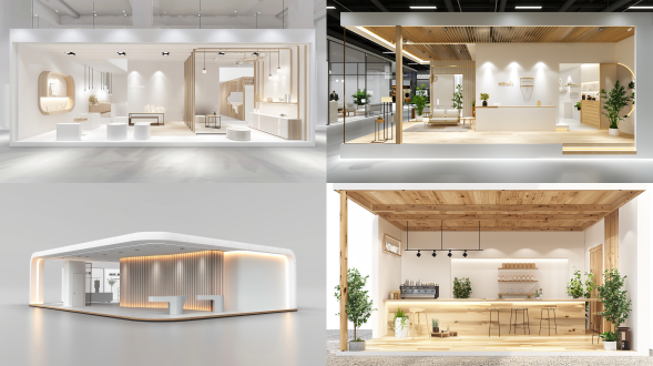 长条型的展台效果图，17×3×4.5米标准尺寸，展台尺寸比例为细长型，极简主义，纯白空间结构搭配木纹，浅色木地板，简约大气，白色主体结构配原木纹理展示台，墙面无装饰，空间通透干净 极简主义 白 木制