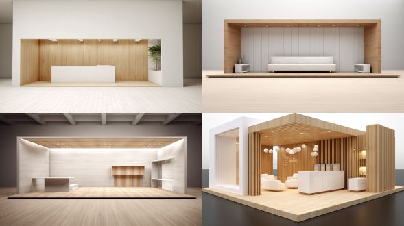 长条型的展台效果图，17×3×4.5米标准尺寸，展台尺寸比例为细长型，极简主义，纯白空间结构搭配木纹，浅色木地板，简约大气，白色主体结构配原木纹理展示台，墙面无装饰，空间通透干净 极简主义 白 木制