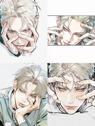 韩漫半厚涂漫画全身帅哥，低头手撑着脸，挑眉挑衅表情锐利干净黑色轮廓线，漫画网点质感，成熟俊美成年男性，权志龙，复刻本人五官特征，细长上扬狐狸眼，狭长眼型，眼尾微微上挑，薄唇，精致小巧鼻梁，清瘦脸型，冷白皮，发丝层次蓬松，发型精致，硬朗面部轮廓，细腻漫画阴影，写实韩漫男生，精致五官刻画，高对比度，低饱和高级色调，半厚涂，干净排线，8k高清，全身人物全身广角动作自然点，明星摆造型动态动作，氛围感强，酷拽疏离气质，半身全身。