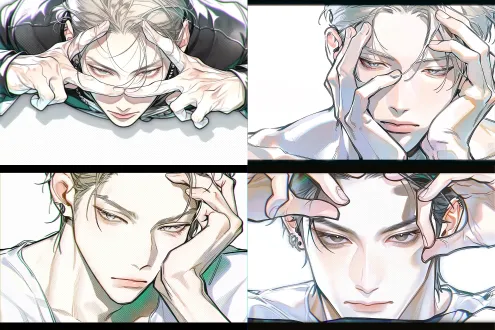 韩漫半厚涂漫画全身帅哥，低头手撑着脸，挑眉挑衅表情锐利干净黑色轮廓线，漫画网点质感，成熟俊美成年男性，权志龙，复刻本人五官特征，细长上扬狐狸眼，狭长眼型，眼尾微微上挑，薄唇，精致小巧鼻梁，清瘦脸型，冷白皮，发丝层次蓬松，发型精致，硬朗面部轮廓，细腻漫画阴影，写实韩漫男生，精致五官刻画，高对比度，低饱和高级色调，半厚涂，干净排线，8k高清，全身人物全身动作自然点，明星摆造型动态动作，氛围感强，酷拽疏离气质，半身全身。最好来对情侣头像动作