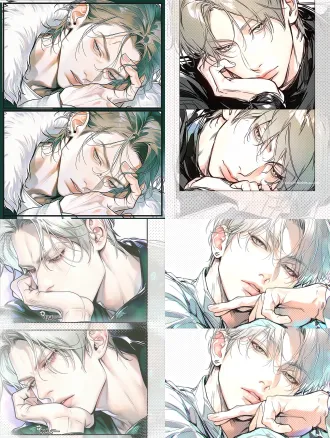 韩漫半厚涂漫画双人对视帅哥，情侣互动动作低头手撑着脸，挑眉挑衅表情锐利干净黑色轮廓线，漫画网点质感，成熟俊美成年男性，权志龙，复刻本人五官特征，细长上扬狐狸眼，狭长眼型，眼尾微微上挑，薄唇，精致小巧鼻梁，清瘦脸型，冷白皮，发丝层次蓬松，发型精致，硬朗面部轮廓，细腻漫画阴影，写实韩漫男生，精致五官刻画，高对比度，低饱和高级色调，半厚涂，干净排线，8k高清，全身人物全身动作自然点，明星摆造型动态动作，氛围感强，酷拽疏离气质，半身全身。最好来对情侣头像动作