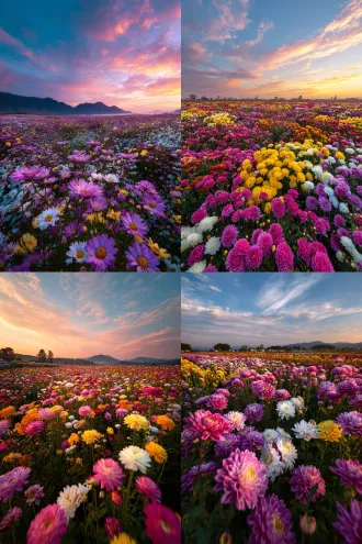 in a vast sea of flowers, vibrant chrysanthemums bloom against the backdrop of the sunset sky and golden sunlight, creating an endless field of blossoms. a wide-angle lens captures the entire scene, where vivid colors and soft light harmonize to highlight the delicate beauty of each petal in bloom. in the distance, a sprawling landscape is blanketed with petals in shades of pink, yellow, purple, white, and blue, forming a stunning tapestry full of life and energy.