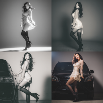 一位亚洲年轻女性，紧身浅色薄纱装，搭配超短裙和黑色丝袜、高17cm的带防水台高跟鞋，波浪卷长发，露脐露肩，眼神妩媚，身材曼妙风韵，凹凸有致，体态妖娆。拨弄着头发，画面细节丰富，全身写实摄影，逆光效果。手扶一辆2025款黑色gls 480 迈巴赫的引擎盖上，一脚着地一脚抬起，身体前探，抬头看向前方