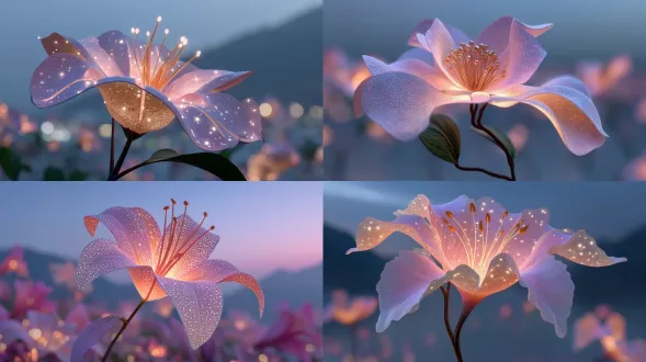 花瓣转化为五瓣丁香花，优雅流畅的线条，层次分明的结构，淡紫色渐变，自然光照明，微距镜头，柔和阴影，极简背景，高清晰度，清新氛围，细腻纹理，柔焦边缘，艺术感构图，梦幻色彩，静谧情感。