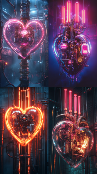 主体是一颗巨大的心形状科幻机器，管道半透明，内含一个永动能量的机器，结合金属保护罩，心形状科幻机器的主管道向上流动出霓虹闪烁的线性线条，线条顶端有三个线性圆圈装饰，整体画面科技梦幻，超现实主义风格。