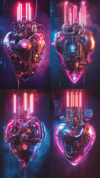 主体是一颗巨大的心形状科幻机器，管道半透明，内含一个永动能量的机器，结合金属保护罩，心形状科幻机器的主管道向上流动出霓虹闪烁的线性线条，线条顶端有三个线性圆圈装饰，整体画面科技梦幻，超现实主义风格。