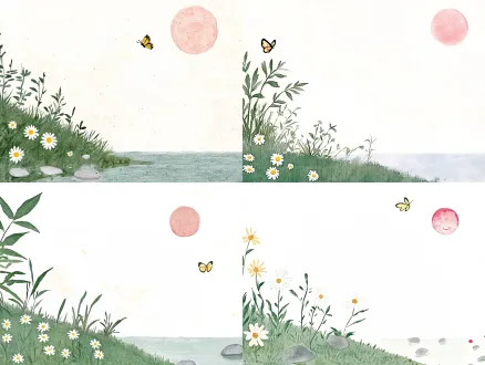 画面中间，一个长满青草的小坡上，草地上开满白色小雏菊和嫩黄色小花，长着软软的野草，岸边散落着大大小小的灰石头。下方是清清的湖水，水面映出圆圆的月亮倒影。 右上方有带着笑脸、粉扑扑的圆月，旁边飘着淡蓝色云朵，还有几颗闪闪的小黄星星。左上角一只黄黑花纹的蝴蝶，拖着弯弯的虚线，轻轻飞过来。 整体色调清新柔和，氛围安安静静、甜甜的，充满童趣。儿童绘本风格，卡通插图，可爱的插图，中国水墨画，水彩晕染， 水彩过渡，色彩鲜艳，极简，4k，