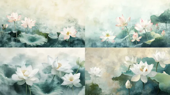 写意荷花，霜降时节，绢本纹理，淡雅色彩，简约背景，细腻笔触，水墨晕染，轻盈花瓣，柔和自然光，低饱和度，冷色调，浅景深，工笔画风，留白技巧，文人画意境，静谧和谐，传统美学，温润如玉，诗意氛围，高雅艺术感，对角线构图，细腻光影，轻盈飘逸，中国风，古典韵味。