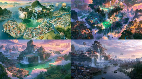 等距俯视角，一个庞大的东方仙侠秘境城市，整体分为内城和两座外城，内城悬空山崖古寺，多层瀑布汇入翡翠深潭，飞檐翘角中式古建筑群坐落于群山，山顶有个大型传送阵，纵横交错的河流，花林盛放，云雾缭绕，阳光穿透云层 仙气飘飘，丁达尔效应，体积雾，水面有几个扁舟和大型船只，空中有豪华的帆船，外城有大型集市、酒楼、茶馆、院落，还有稻田和竹林，河边还有个磨坊，往来人群络绎不绝，喀斯特地貌，青绿山水色调，超大范围视角，粉紫色与晨曦金边，影视级概念场景，厚涂数字绘画，概念原画