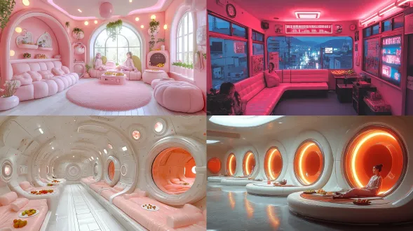 粉色电竞主题包间，可爱女生们穿着休闲电竞服，笑容甜美，全景构图，科技感玻璃窗75度倾斜，虚幻5渲染，霓虹柔光，广角镜头，景深效果，中央舒适沙发，水果零食摆放，电竞设备，麻将桌，ktv区，胶囊宿舍，暖粉色主调，环境光，16:9画幅，未来感，欢乐氛围。