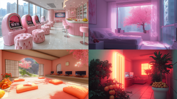 生成一张粉色系为主的电竞主题包间，电竞电脑有几台，里面有几个可爱的女生，包间很大，可以打麻将，可以唱歌，可以睡在胶囊宿舍上，中间有一张非常舒服的沙发，旁边有水果和零食，灯光很温柔。房间有两面墙体是玻璃窗，玻璃窗户造型很有科技感，采用的75度倾斜外轮廓。画面16:9，虚幻5游戏渲染质感。