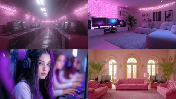 生成一张粉色系为主的电竞主题包间，电竞电脑有几台，里面有几个可爱的女生，包间很大，可以打麻将，可以唱歌，中间有一张非常舒服的沙发，画面16:9，虚幻5游戏渲染质感。
