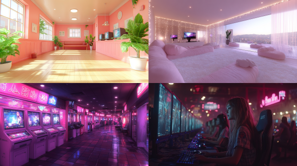 生成一张粉色系为主的电竞主题包间，电竞电脑有几台，里面有几个可爱的女生，包间很大，可以打麻将，可以唱歌，中间有一张非常舒服的沙发，画面16:9，虚幻5游戏渲染质感。