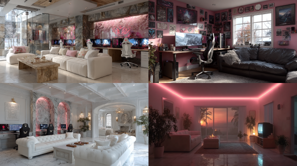 生成一张粉色系为主的电竞主题包间，电竞电脑有几台，里面有几个可爱的女生，包间很大，可以打麻将，可以唱歌，中间有一张非常舒服的沙发，画面16:9，虚幻5游戏渲染质感。