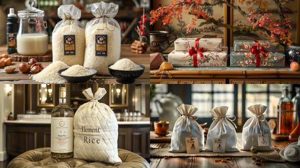 元素大米礼品包装设计关键信息（精准传递给新 ai） 一、核心固定要求（不可变更） 标识：保留 “元素大米” 名称（字体 / 排列不变）、原有 logo（双翼图形，亮金填充 + 深金描边，外盒正面居中放置）； 形态：正方形礼品盒（可选天地盖 / 翻盖 / 双层嵌套，拒绝方正药品感盒型），内袋带矿泉水盖式密封接口（金色，取用后可盖回）； 材质配色：盒身用银色金属质感纸（哑光 / 拉丝，非真金属），细节仅用金银配色（金色用于提手 / 密封盖 / 纹样描边，无其他杂色）。 二、纹样与风格（紧扣大米属性） 纹样：100% 用稻子相关元素（稻穗 / 稻粒 / 稻叶，无麦穗），搭配福禄寿传统元素（如福字金属吊牌、禄字封口贴、寿桃 + 稻穗暗纹）； 风格：远离药品感 —— 内袋错位 / 悬浮排列（拒绝规整），背景暖色调（非冷白），3d 渲染效果（突出金属纸反光、纹样立体感）。 三、功能与细节（提升礼品感） 提手：用织带（银带金扣）或金色金属环（拒绝硬纸板），可挂迷你金属吊牌（刻福 / 稻穗）； 可选细节：盒身可加小透明视窗（露内袋密封盖）、丝绒贴片（印小 logo）、金色包角（防磕碰），不喧宾夺主。