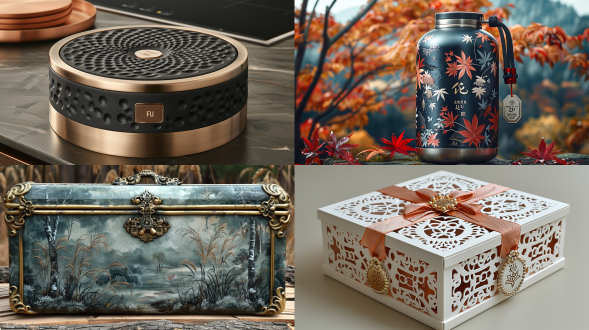 "元素大米礼品盒，银色哑光金属质感，正方形天地盖设计，金色提手与密封盖，稻穗与福禄寿纹样立体浮雕，暖色调背景，3d渲染，高光与阴影细节，稻叶暗纹交错排列，迷你金属吊牌刻福字，透明视窗展现金色密封接口，奢华礼品感，柔和散射光，金银配色，传统与现代融合。"