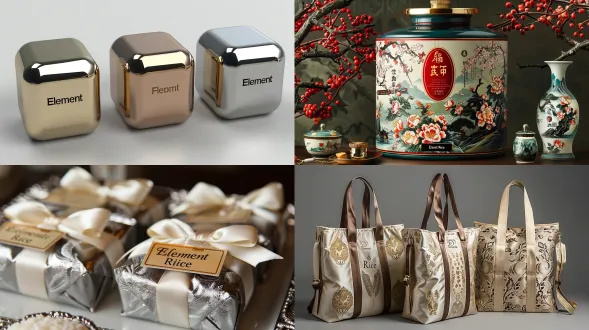 元素大米礼品包装设计关键信息（精准传递给新 ai） 一、核心固定要求（不可变更） 标识：保留 “元素大米” 名称（字体 / 排列不变）、原有 logo（双翼图形，亮金填充 + 深金描边，外盒正面居中放置）； 形态：正方形礼品盒（可选天地盖 / 翻盖 / 双层嵌套，拒绝方正药品感盒型），内袋带矿泉水盖式密封接口（金色，取用后可盖回）； 材质配色：盒身用银色金属质感纸（哑光 / 拉丝，非真金属），细节仅用金银配色（金色用于提手 / 密封盖 / 纹样描边，无其他杂色）。 二、纹样与风格（紧扣大米属性） 纹样：100% 用稻子相关元素（稻穗 / 稻粒 / 稻叶，无麦穗），搭配福禄寿传统元素（如福字金属吊牌、禄字封口贴、寿桃 + 稻穗暗纹）； 风格：远离药品感 —— 内袋错位 / 悬浮排列（拒绝规整），背景暖色调（非冷白），3d 渲染效果（突出金属纸反光、纹样立体感）。 三、功能与细节（提升礼品感） 提手：用织带（银带金扣）或金色金属环（拒绝硬纸板），可挂迷你金属吊牌（刻福 / 稻穗）； 可选细节：盒身可加小透明视窗（露内袋密封盖）、丝绒贴片（印小 logo）、金色包角（防磕碰），不喧宾夺主。