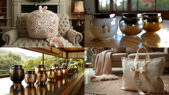 元素大米礼品包装设计关键信息（精准传递给新 ai） 一、核心固定要求（不可变更） 标识：保留 “元素大米” 名称（字体 / 排列不变）、原有 logo（双翼图形，亮金填充 + 深金描边，外盒正面居中放置）； 形态：正方形礼品盒（可选天地盖 / 翻盖 / 双层嵌套，拒绝方正药品感盒型），内袋带矿泉水盖式密封接口（金色，取用后可盖回）； 材质配色：盒身用银色金属质感纸（哑光 / 拉丝，非真金属），细节仅用金银配色（金色用于提手 / 密封盖 / 纹样描边，无其他杂色）。 二、纹样与风格（紧扣大米属性） 纹样：100% 用稻子相关元素（稻穗 / 稻粒 / 稻叶，无麦穗），搭配福禄寿传统元素（如福字金属吊牌、禄字封口贴、寿桃 + 稻穗暗纹）； 风格：远离药品感 —— 内袋错位 / 悬浮排列（拒绝规整），背景暖色调（非冷白），3d 渲染效果（突出金属纸反光、纹样立体感）。 三、功能与细节（提升礼品感） 提手：用织带（银带金扣）或金色金属环（拒绝硬纸板），可挂迷你金属吊牌（刻福 / 稻穗）； 可选细节：盒身可加小透明视窗（露内袋密封盖）、丝绒贴片（印小 logo）、金色包角（防磕碰），不喧宾夺主。