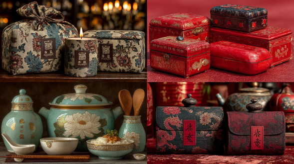 唐宋风格食盒礼品包，古典纹样与简约线条结合，哑光漆面与鎏金装饰，镂空雕刻工艺，丝绸内衬，对称布局，暖色调，柔光照明，沉稳优雅，低调奢华，文化符号点缀，精致细节，传统与现代融合，高质感材质，内敛高贵，典雅氛围。