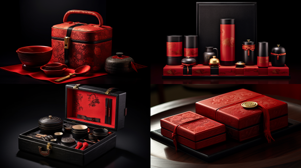 唐宋风格食盒礼品包，古典与现代融合，精致浮雕纹样，丝绸与漆器质感，深红与金色调，柔和自然光，微距镜头，对称构图，哑光表面，细腻纹理，奢华内敛，文化底蕴，典雅高贵，低调奢华，手工工艺，复古元素，简约线条，传统图案，温润光泽，沉稳氛围。