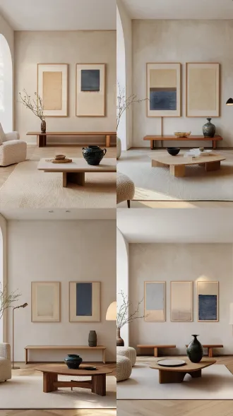 vertical composition, wabi-sabi minimalist living room, warm beige microcement wall, three horizontal artworks hanging side by side in the center of the wall, thin light oak frames, generous white space on the wall, light oak herringbone floor, cream short-pile rug, low solid wood coffee table in foreground with rough ceramic vase and green branches, corner of boucle armchair on the left, arched floor lamp on the right with warm glow, soft natural side light from left window, gentle shadows on wall, calm atmosphere, art gallery feel, low saturation earth tones, film photography aesthetic, 8k, photorealistic