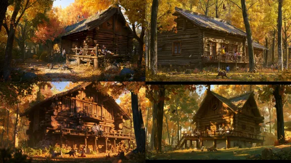 人眼高度平视透视，16:9画幅，午后暖金侧光，河南秋林原木树屋，亲子游客阳台休憩，小浣熊庭院活动，林间飞鸟散立，风化原木细节，斑驳树影，暖绿金橙褐秋色调，松弛自然治愈