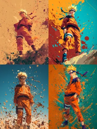漩涡鸣人全身站立，日本漫画手稿风格，背景泼漆效果超现实主义，动态姿势充满活力，橙色忍者服迎风飘扬，金色头发竖起，自信笑容，8k超高画质，精细线条与高细节，手机壁纸适配，广角镜头，强烈对比色，动漫风格，戏剧性侧光，动感十足，暖色调为主，青春热血情绪