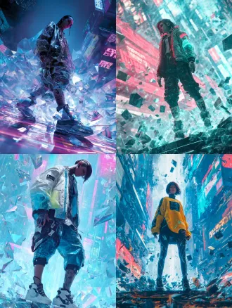 未来感十足的漩涡鸣人，标志性姿态站立，破碎数字碎片环绕，霓虹灯光效，科技感力量，赛博朋克城市背景，高饱和度色彩，活力四射，炫酷张力，动态构图，低角度镜头，广角畸变，冷色调与霓虹撞色，粒子特效，能量波纹，未来科技服装细节，电子纹身，锐利眼神，强对比光影，数字故障艺术风格