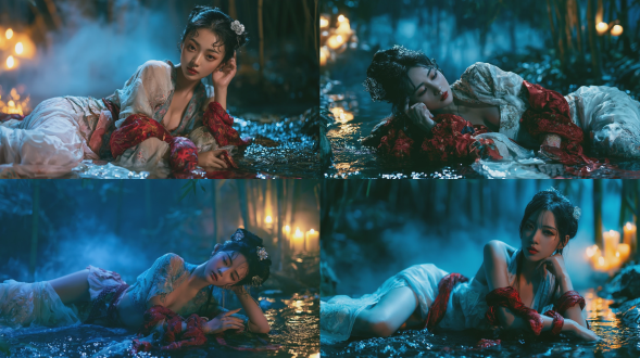 movie-grade ancient style fantasy photography, an enchanting eastern woman with a seductive figure, half- white embroidered silk skirt, lazily lying on a stream with shimmering ripples, a crimson brocade snake coiling around her arm, a background of a moonlit bamboo forest, filled with misty blue and warm yellow candlelight, a cool and charming makeup, a round face with almond-shaped eyes, a silver plum blossom hairpin, ultimate details, soft blur spots, low angle side lighting, high-contrast colors, ethereal aesthetics, 8k ultra-clear, cinematic composition,, fatal temptation